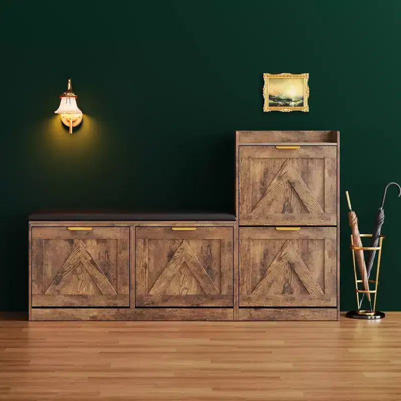 Schoenenkast in landelijke stijl met bankje, opbergmeubel voor schoenen in de hal met 4 klepkasten en comfortabele gewatteerde zitting, vrijstaand schoenenrek met bankje