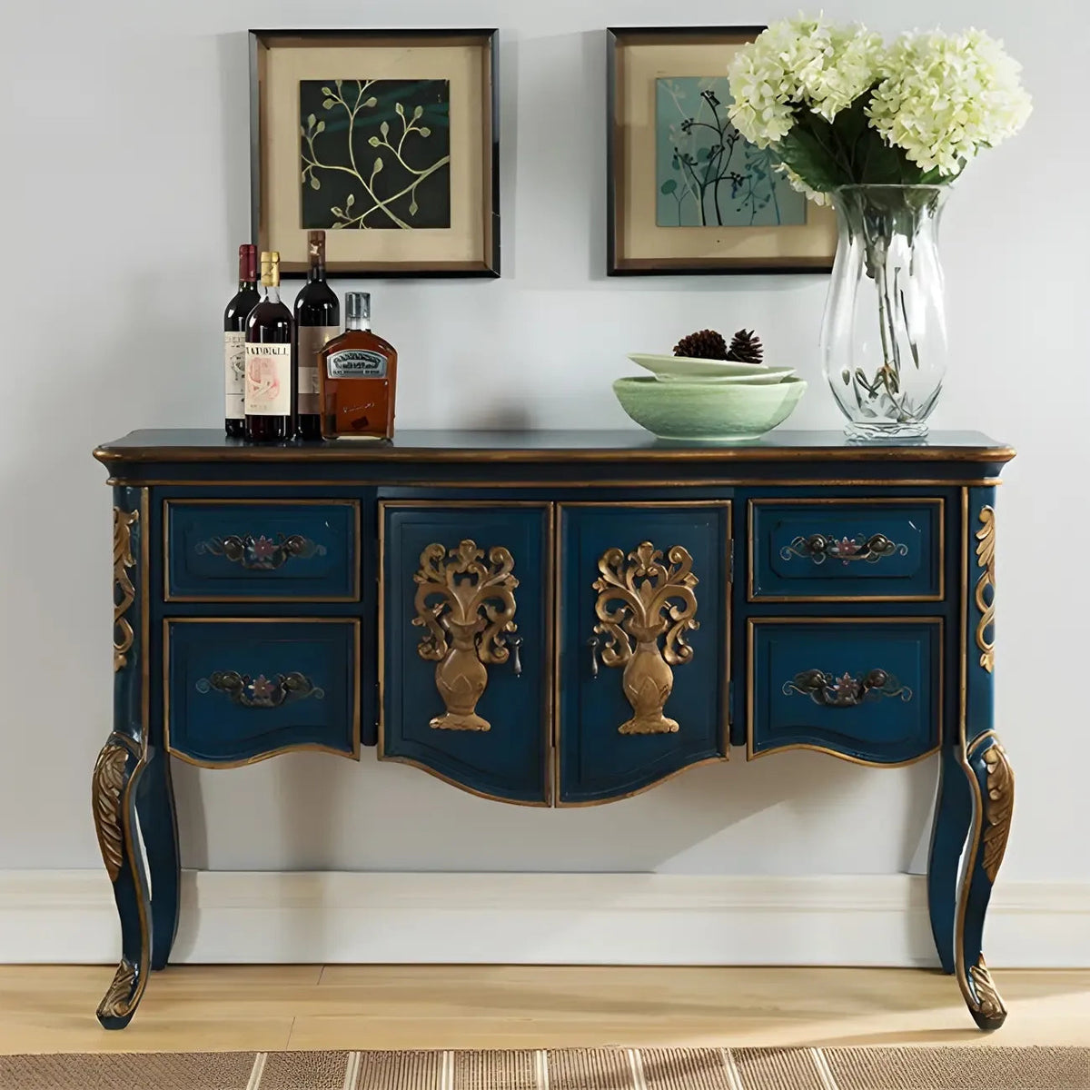 Franse houten koffiekleurige opbergconsoletafel met laden