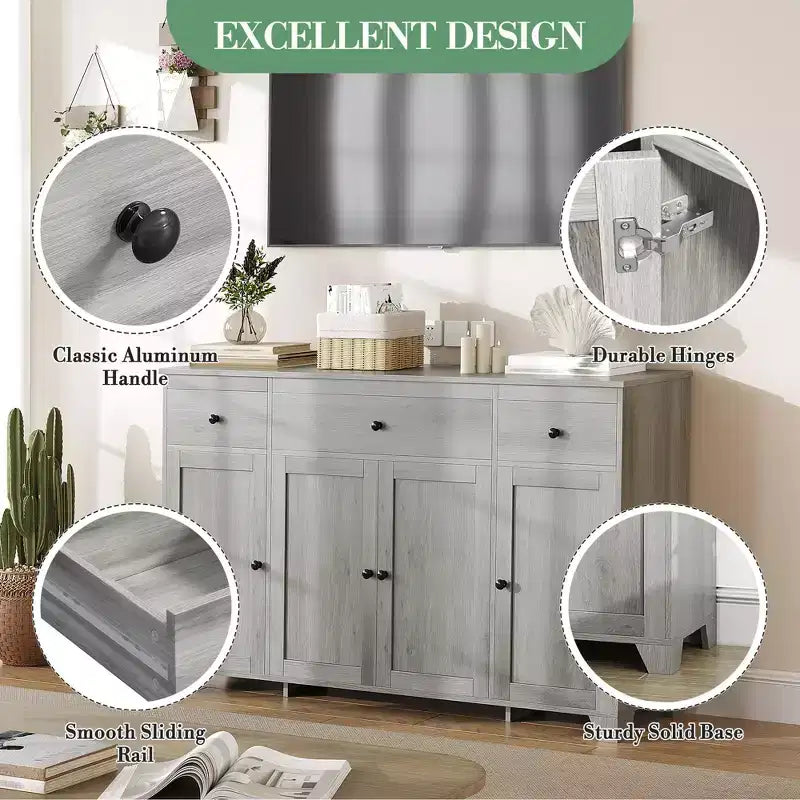 Buffet 55 avec 3 tiroirs et 4 portes, meuble de rangement de cuisine avec étagère réglable, pour la salle à manger ou le salon