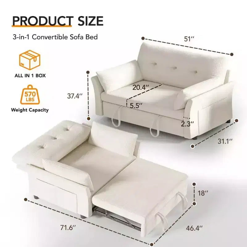 Divano letto Dyonery 51 3 in 1, divanetto trasformabile con letto estraibile, schienale regolabile, rivestimento in lino