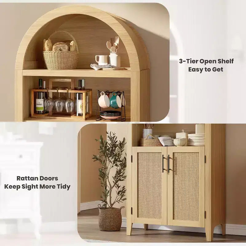 Acekool Vorratsschrank mit Rundbogen und Rattantüren, 5-stufiger Aufbewahrungsschrank im Landhausstil für Küche, Esszimmer und Wohnzimmer
