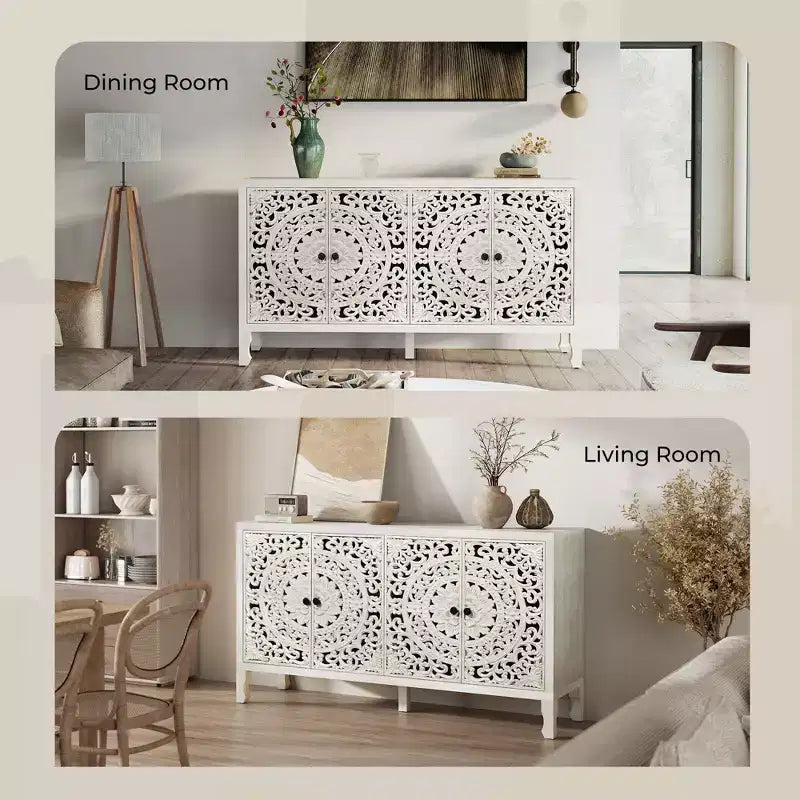 Credenza con contenitore, mobile contenitore dall'aspetto vissuto con 4 ante intagliate e ripiano regolabile, credenza decorativa in legno