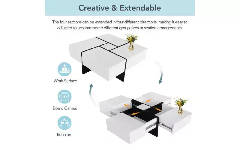 Table basse extensible avec plateau-puzzle et 4 compartiments de rangement cachés