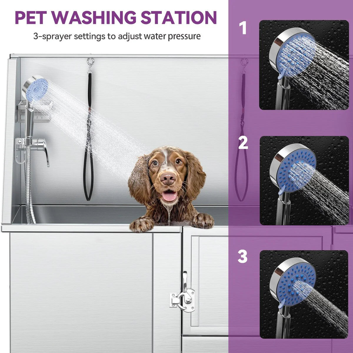 Baignoire de toilettage réglable pour animaux en acier inoxydable, largeur 50 W, avec marches et rampe