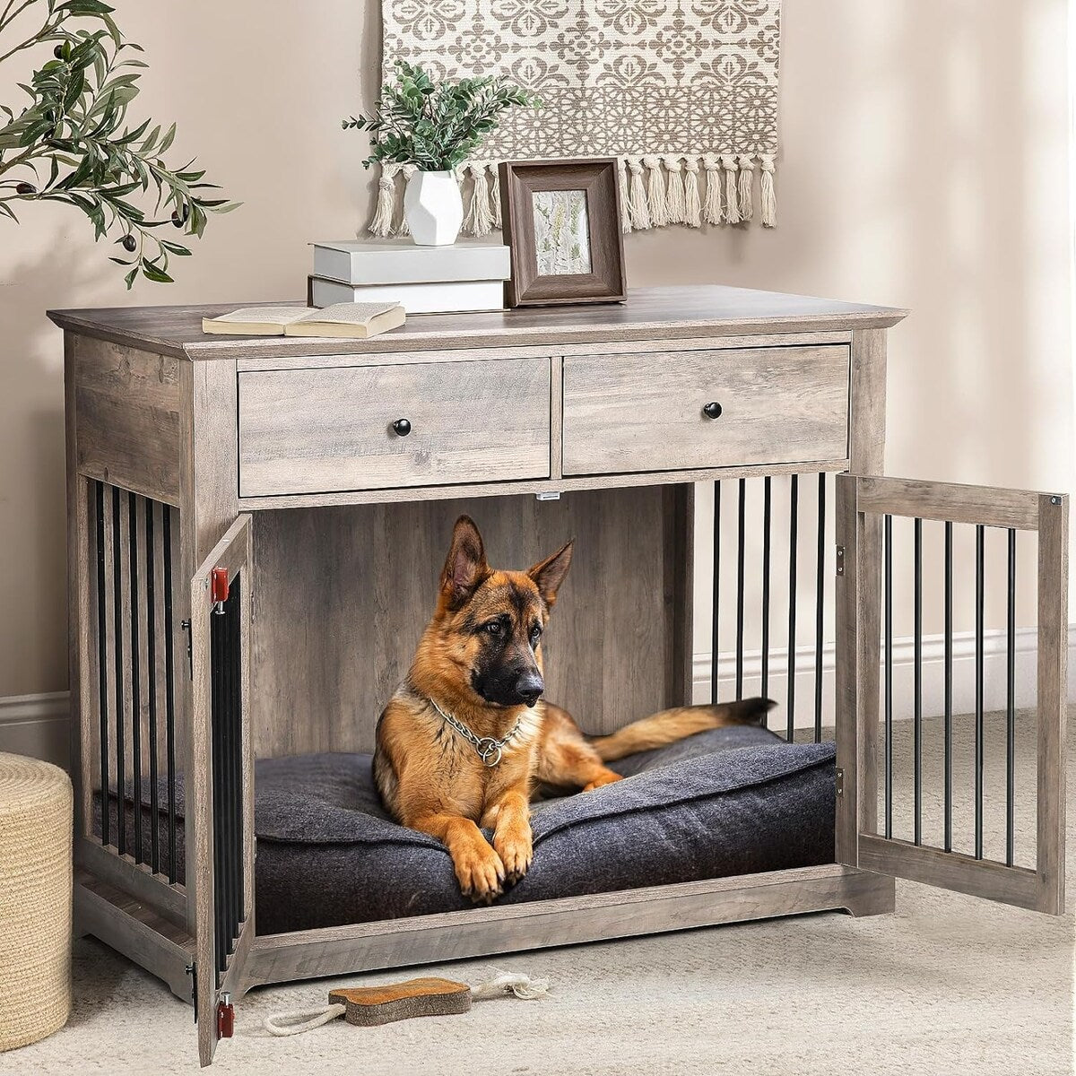 BOSSIN große Hundebox-Möbel, 44 Inch, Hundezwinger aus Holz als Beistelltisch mit Schubladen, dekorative Haustierbox und Hundehütte