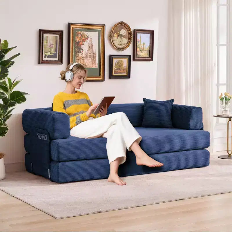 Modernes 79-Futon-Schlafsofa aus Cord für kleine Räume, 5-in-1-Couch mit abnehmbaren Armlehnen und Kissen