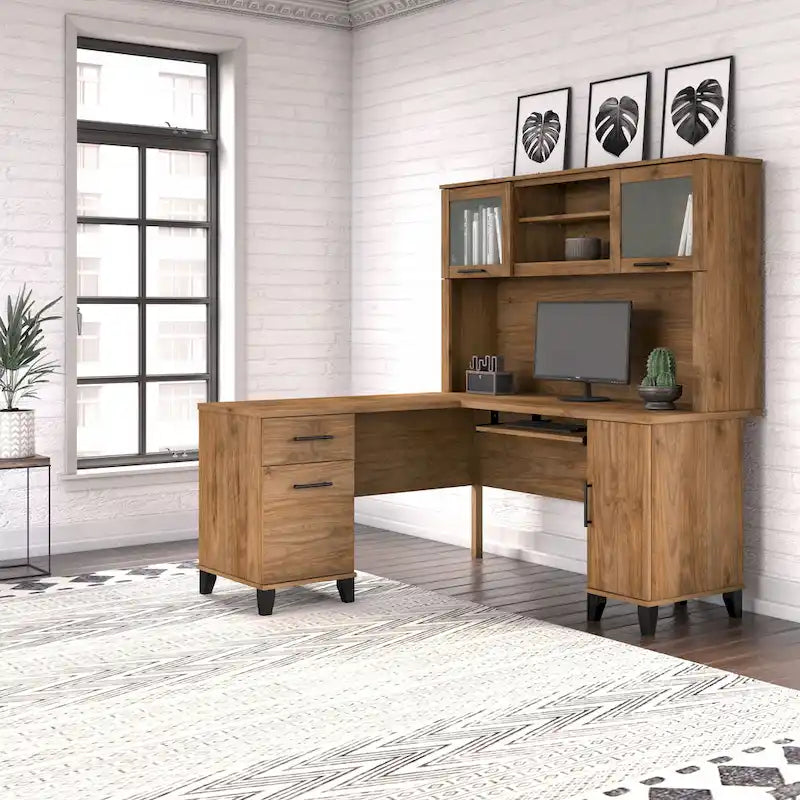 Bush Furniture Somerset 60W L-förmiger Schreibtisch mit Aufsatzregal