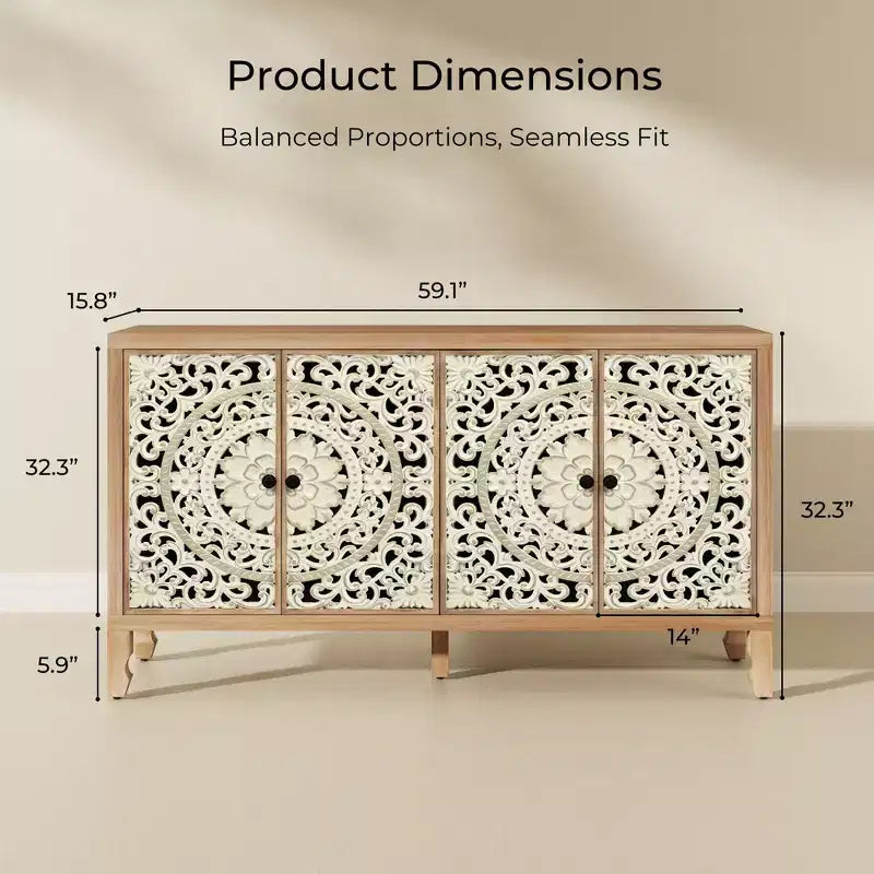 Credenza con contenitore, mobile contenitore dall'aspetto vissuto con 4 ante intagliate e ripiano regolabile, credenza decorativa in legno