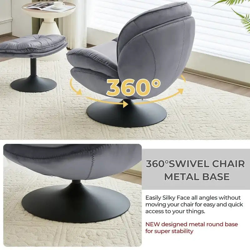 Fluwelen draaifauteuil met voetenbank, ronde leesfauteuil met voetenbankset, 360 draaibaar, metalen frame