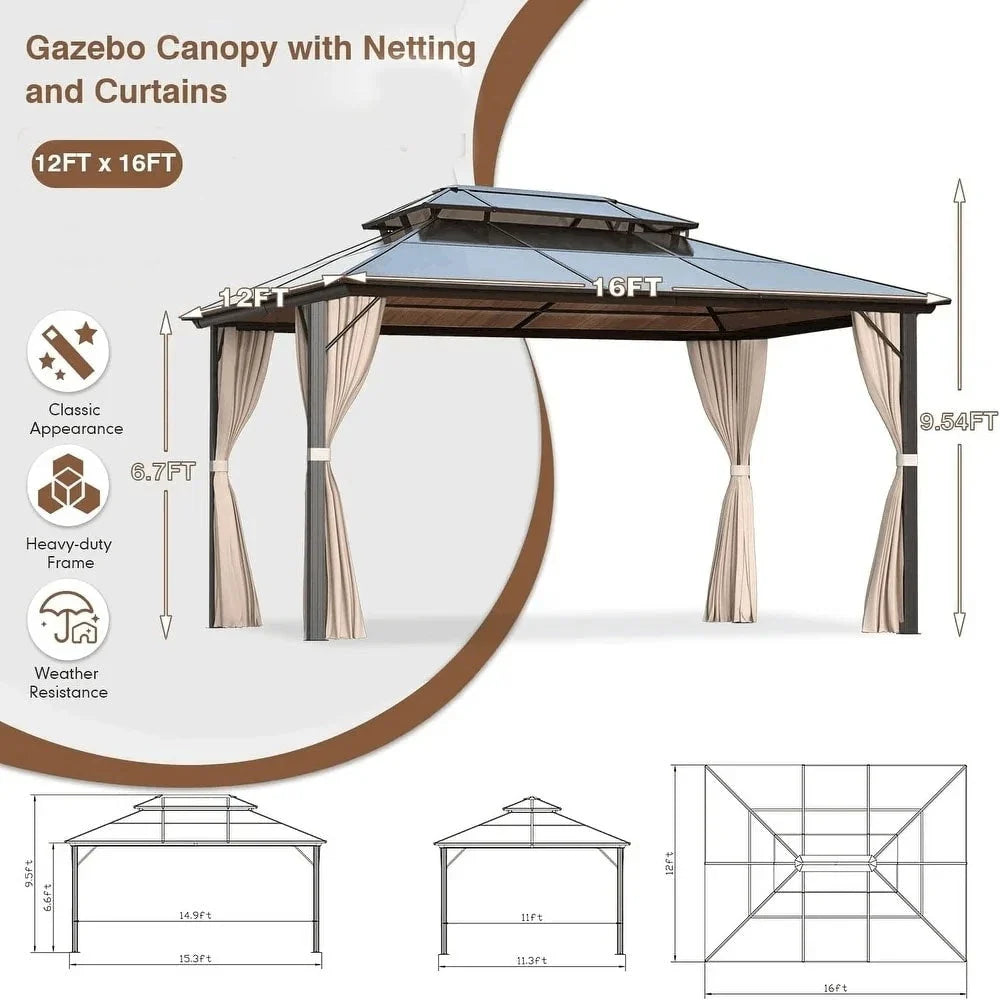 EROMMY hardtop-paviljoen, pergola voor buiten met dubbel dak, netten en gordijnen, extra stevig zonnescherm voor terras, achtertuin en zwembadfeest