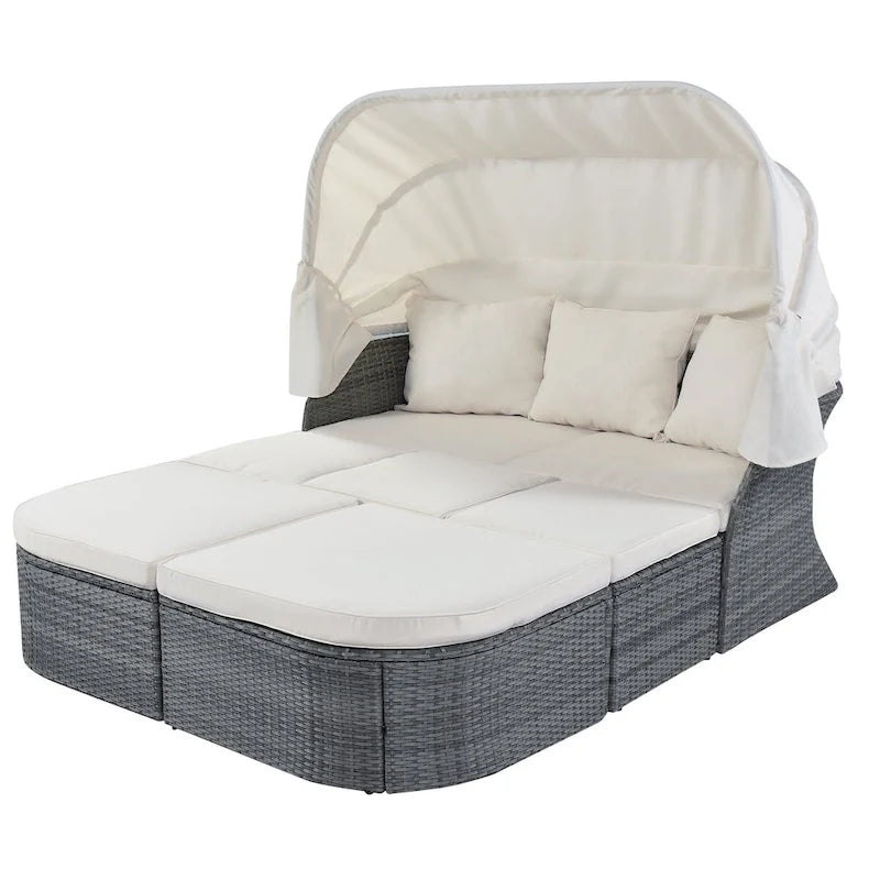 Graues Outdoor-Daybed aus Rattan mit Kissen und ausziehbarem Sonnendach