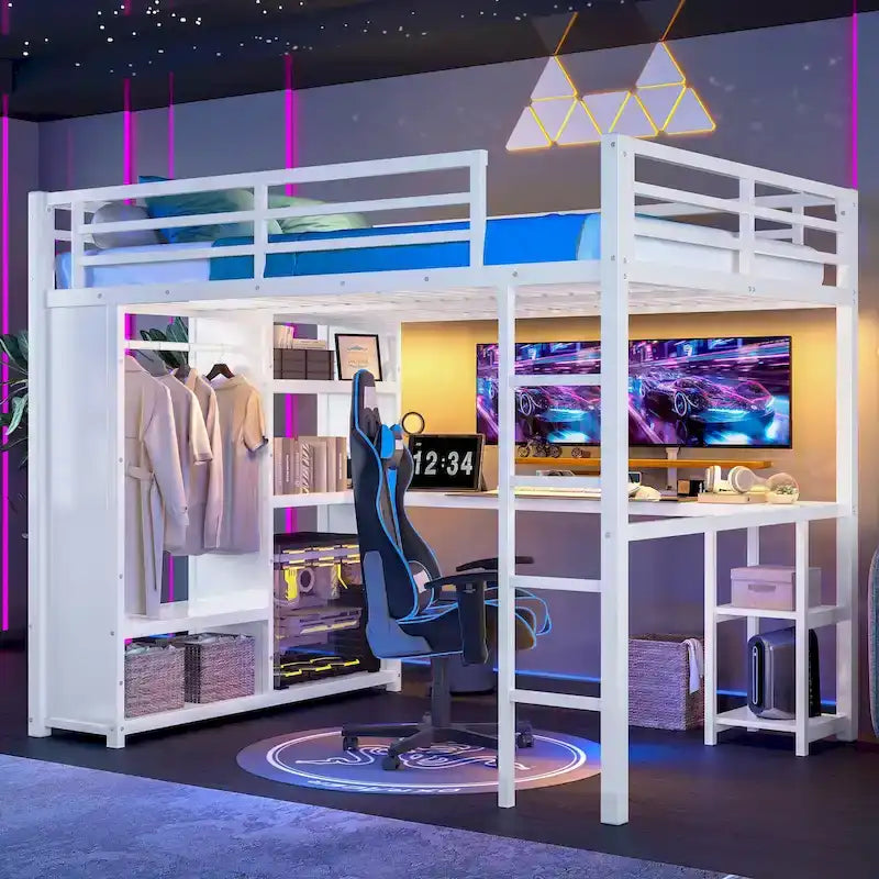 Hoogslaper voor queensize bed - ingebouwde kledingkast en bureau, metalen frame met planken