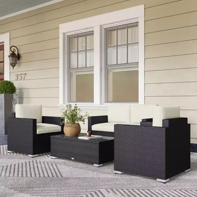 4-teiliges Rattan-Sofaset, Patio-Sofaset aus Korbgeflecht mit Zweisitzersofa, Sesseln und Couchtisch mit Glasplatte für den Garten und Außenbereich