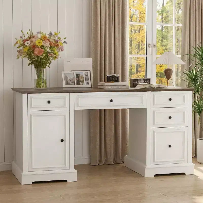 Scrivania direzionale stile rustico da 60 per ufficio domestico - scrivania in legno con cassetti e vani contenitori, scrivania rustica per lavorare o studiare