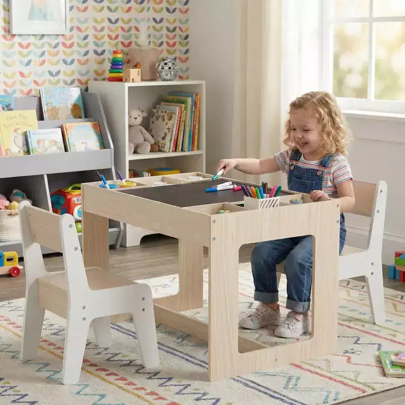 Costway multifunktionales Kindertisch- und 2-Stühle-Set mit abnehmbarer, doppelt großer Tischplatte, Grau + Weiß/Natur + Weiß