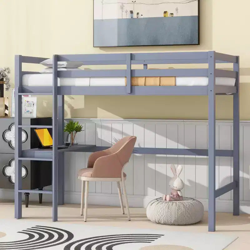 Lit mezzanine minimaliste Okak avec échelle, lit mezzanine pour lit simple en bois d’hévéa avec garde-corps de sécurité et bureau intégré, cadre de lit pour enfants et adolescents