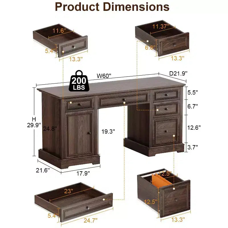 Dyonery 60-Zoll-Schreibtisch im Landhausstil mit Schubladen und Aktenschrank, Schreibtisch aus Holz mit geprägter Struktur fürs Homeoffice, Schwarz/Braun/Weiß und Braun