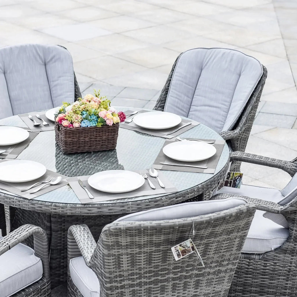Ensemble de salle à manger rond de patio en rotin tressé d’extérieur, 7 pièces avec coussins, par Moda Furnishings