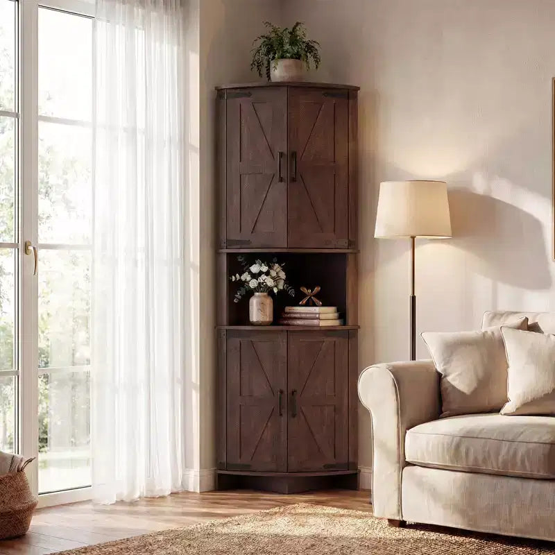 Armoire d’angle haute de 64.8 avec portes, armoire de rangement d’angle marron de style campagnard, garde-manger d’angle autoportant avec étagères réglables