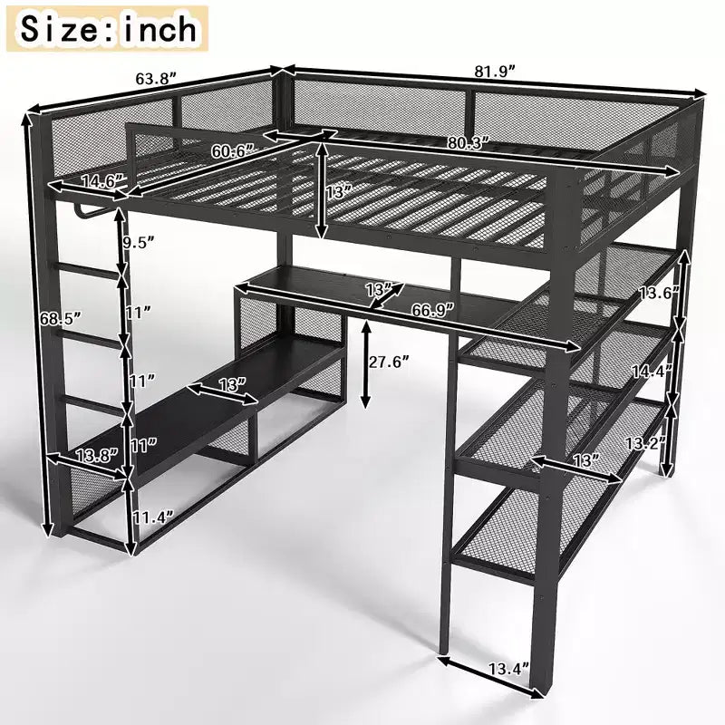 Bellemave metalen hoogslaper in queensize met bureau, opbergplanken en kledingroede, ruimtebesparend hoogslaperframe met veiligheidsrelingen en ladder, geen bedbodem nodig, zwart