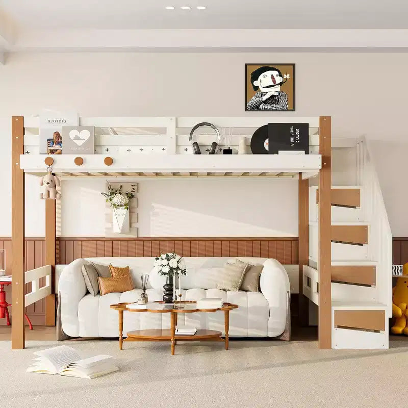 Modernes Hochbett im Loft-Stil mit Kleiderhaken, Ablagefächern und Platz unter dem Bett