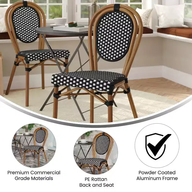 Flash Furniture Lourdes Bistro-Stapelstuhl im Thonet-Stil für den gewerblichen Innen- und Außenbereich, PE-Rattan und Aluminiumgestell
