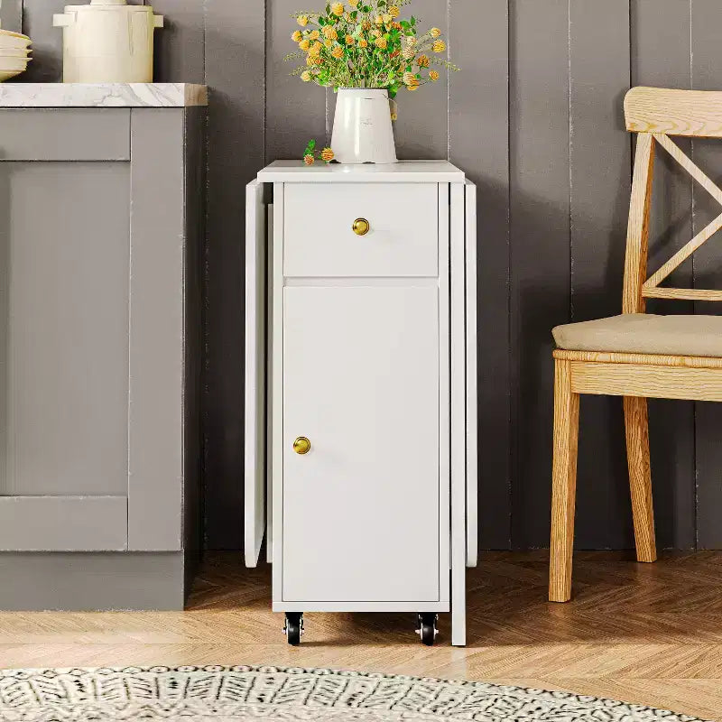ATJafurn opklapbare eettafel van 59 inch met neerklapbare bladen voor kleine ruimtes, rechthoekige uitschuifbare houten keukentafel met wielen en opbergruimte