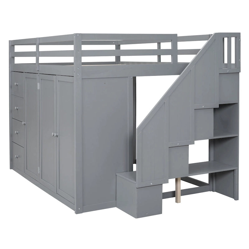 Graues Hochbett aus Massivholz mit Kleiderschränken, Schubladen und Treppe mit Stauraum