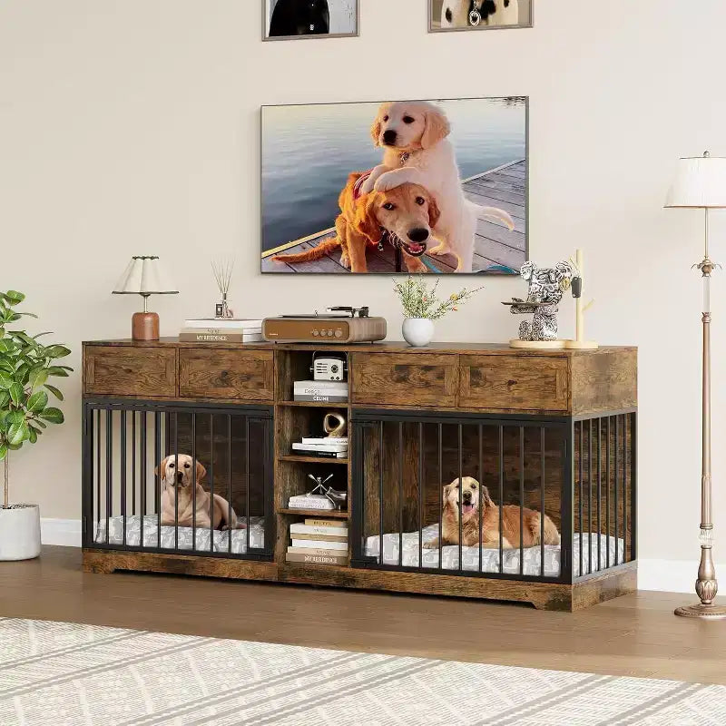 Meuble double cage pour chiens 82, grand chenil d’intérieur pour 2 chiens, cage en bois robuste faisant office de meuble TV avec 4 tiroirs et des étagères