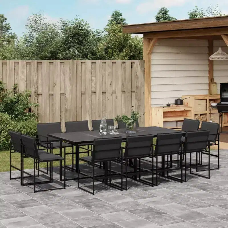 vidaXL Gartensitzgruppe mit Kissen, 13-teilig, schwarzes Textilene - platzsparendes Design mit Klappstühlen, UV-beständig, Tisch aus gehärtetem Glas