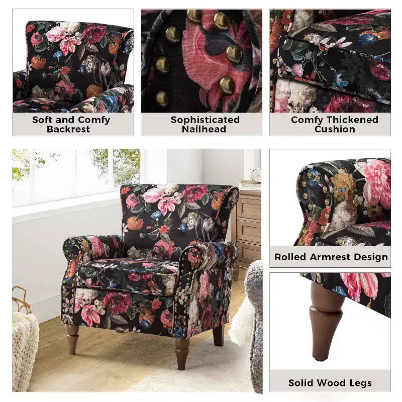 Araceli traditionele houten fauteuil met bloemenstof, hoge rugleuning met vleugels en siernagels| ART OF LIVING DESIGNS