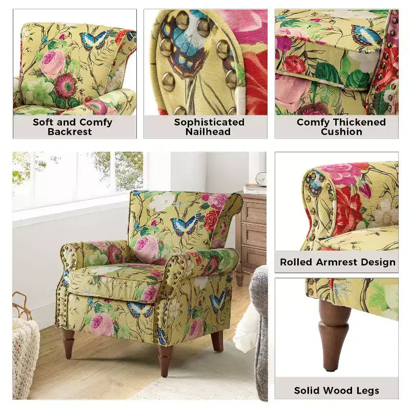Araceli traditionele houten fauteuil met bloemenstof, hoge rugleuning met vleugels en siernagels| ART OF LIVING DESIGNS