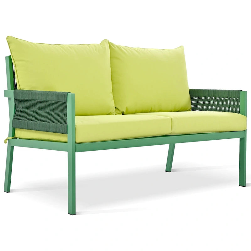 4-delige tuinmeubelset, loungeset voor buiten met tafel van gehard glas, diepe zit en dikke kussens