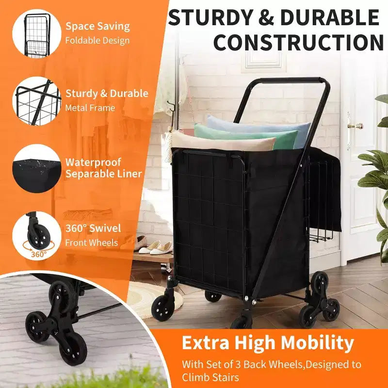 Chariot de courses tout-terrain pour escaliers - 3 roues pivotantes à 360, doublure imperméable,135LBS,chariot pliant en acier au carbone pour le linge et les courses