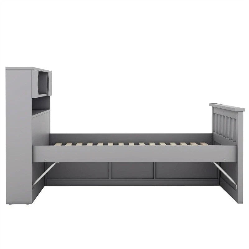 Letto a piattaforma Captain singolo/matrimoniale con 4 cassetti e ripiani contenitori, struttura in legno massello con testiera libreria contenitore