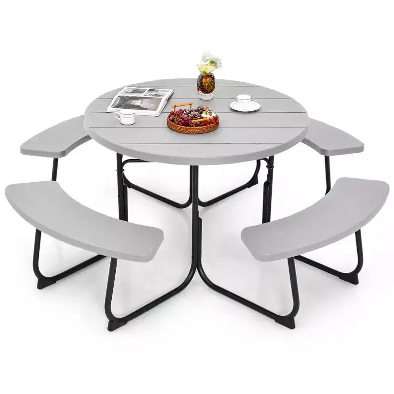 Costway Rundes Picknicktisch-Bank-Set für 8 Personen für den Außenbereich, mit 4 Bänken und Schirmloch, Schwarz/Grau/Grün/Weiß
