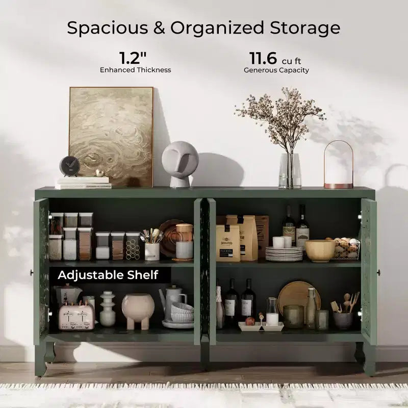 Credenza con contenitore, mobile contenitore dall'aspetto vissuto con 4 ante intagliate e ripiano regolabile, credenza decorativa in legno