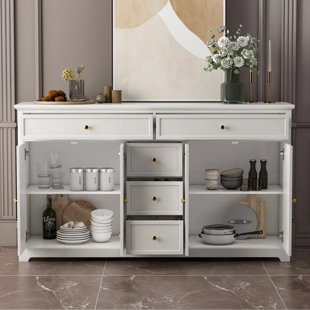 Credenza a buffet bianca da 59.1, stile moderno contemporaneo di metà secolo, laccata