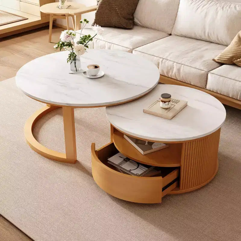 Moderner Satztisch-Couchtisch mit Schublade, runder Wohnzimmertisch mit Stauraum