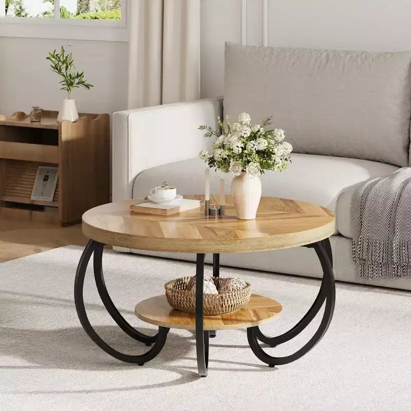 Tavolino rotondo industriale da 30 Inch a 2 livelli con piedini regolabili, ripiano effetto legno, design a fiamma, facile da montare, per soggiorno