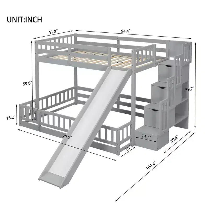 Lit superposé avec lit inférieur deux places, toboggan, escalier de rangement, barrières de sécurité et cadre en pin massif, blanc/gris