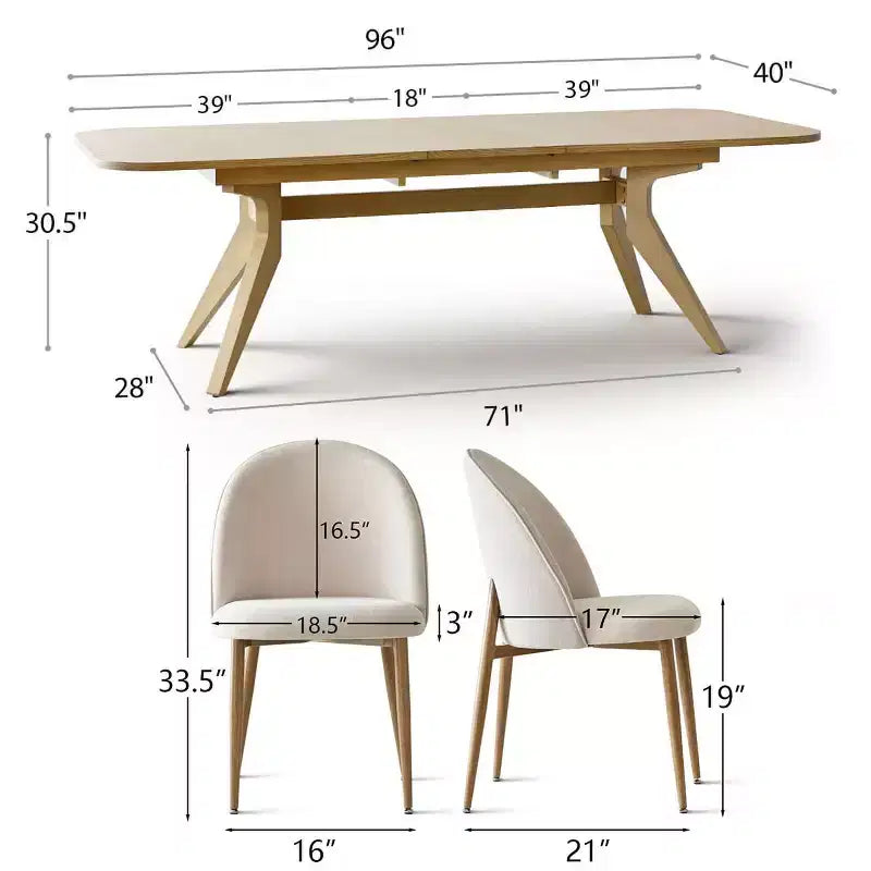 Modernes ausziehbares Esszimmertisch-Set, 78-96, für 6/8 Personen, Esszimmer-Set im Japandi-Stil mit beigefarbenen Polsterstühlen, V-förmigem Bockgestell-Panipeachy