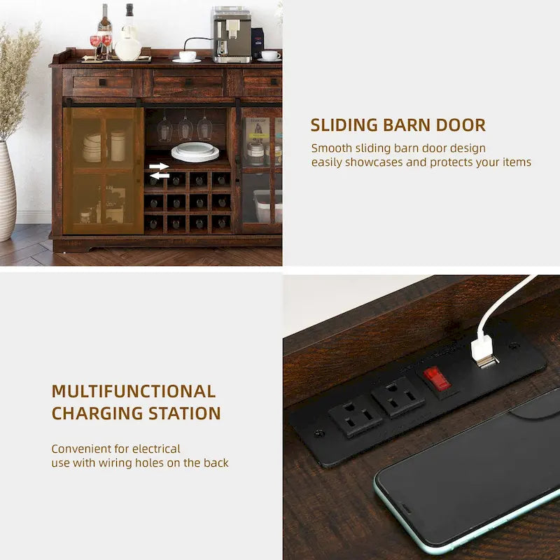 Credenza buffet con ante scorrevoli stile fienile da 53, portabottiglie e mobile contenitore per cucina