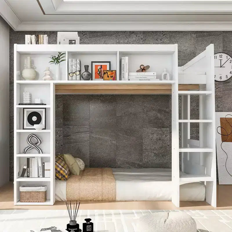 Whisen-Hochbett aus Holz in Queen-Size mit Stauschränken und Regalen