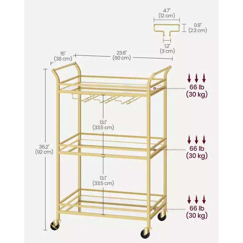 Carrello bar, carrello di servizio per bar domestico, piccolo carrello bar con 3 ripiani, portabottiglie e portabicchieri, carrello bar, 15 x 23.6 x 36.2 pollici