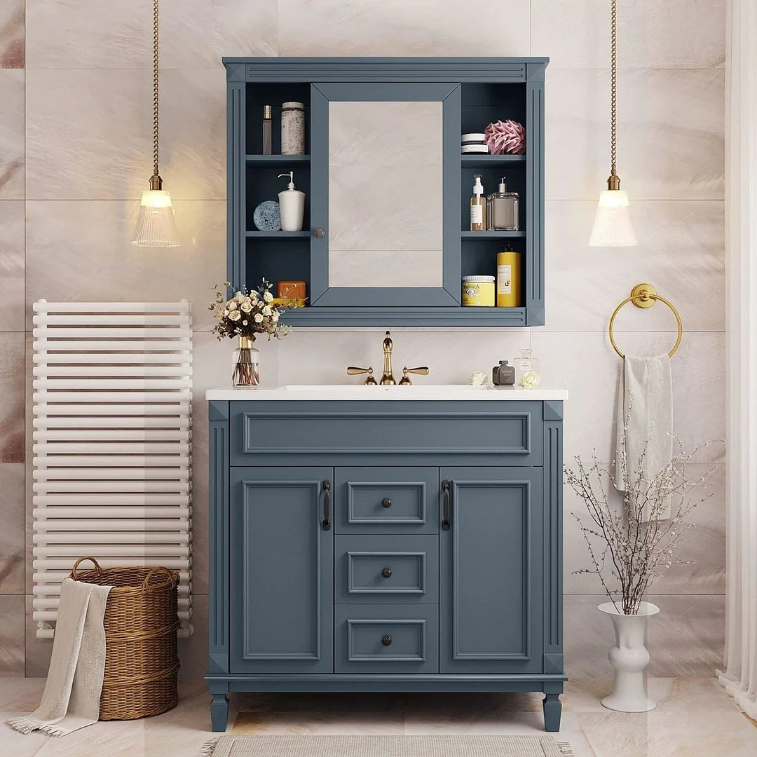 Mobile bagno moderno da 36 con lavabo integrato e specchiera, 2 ante e 2 cassetti