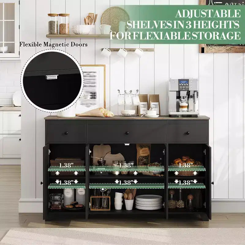 Buffet 55 avec 3 tiroirs et 4 portes, meuble de rangement de cuisine avec étagère réglable, pour la salle à manger ou le salon