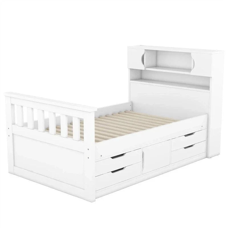 Letto a piattaforma Captain singolo/matrimoniale con 4 cassetti e ripiani contenitori, struttura in legno massello con testiera libreria contenitore