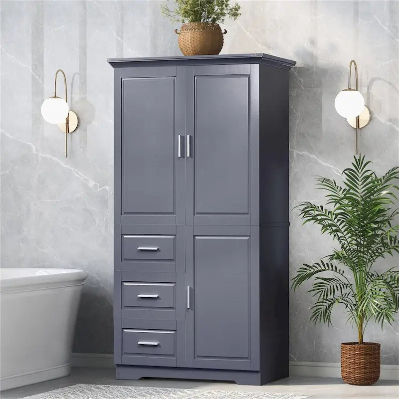 Armoire de rangement haute et large avec portes pour salle de bains, trois tiroirs