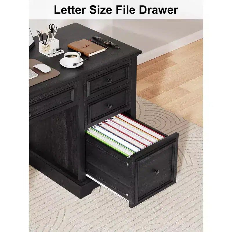 Dyonery 60-Zoll-Schreibtisch im Landhausstil mit Schubladen und Aktenschrank, Schreibtisch aus Holz mit geprägter Struktur fürs Homeoffice, Schwarz/Braun/Weiß und Braun